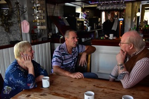 Pictured is Steve Fritchley (right) with Sandra Peake talking to the landlord at the Gate Inn in Langwith